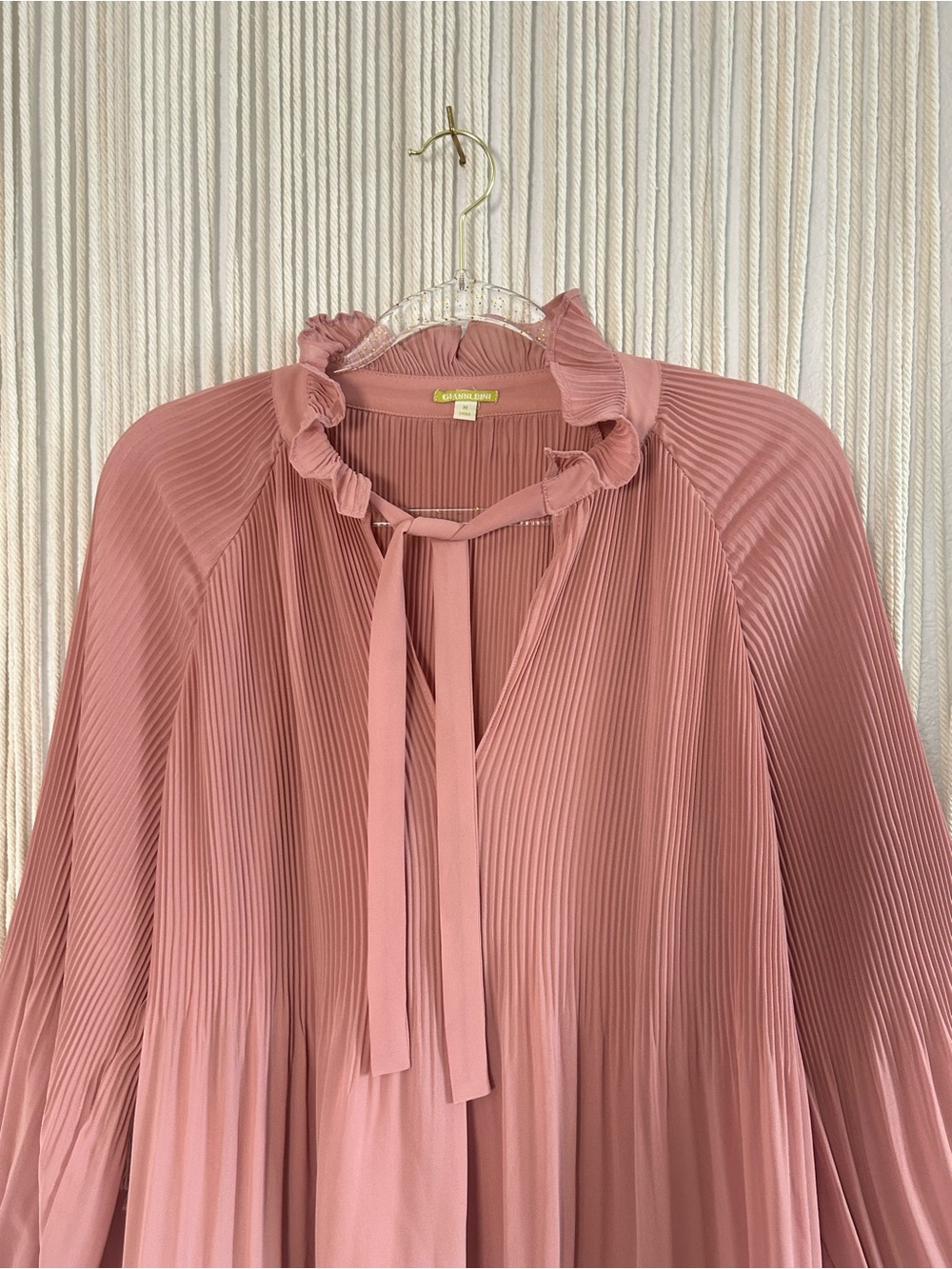 Gianni Bini Pleated Ruffle Tie-Neck Blouse - Dusty Rose Lightweight Sheer - Picture 3 of 11